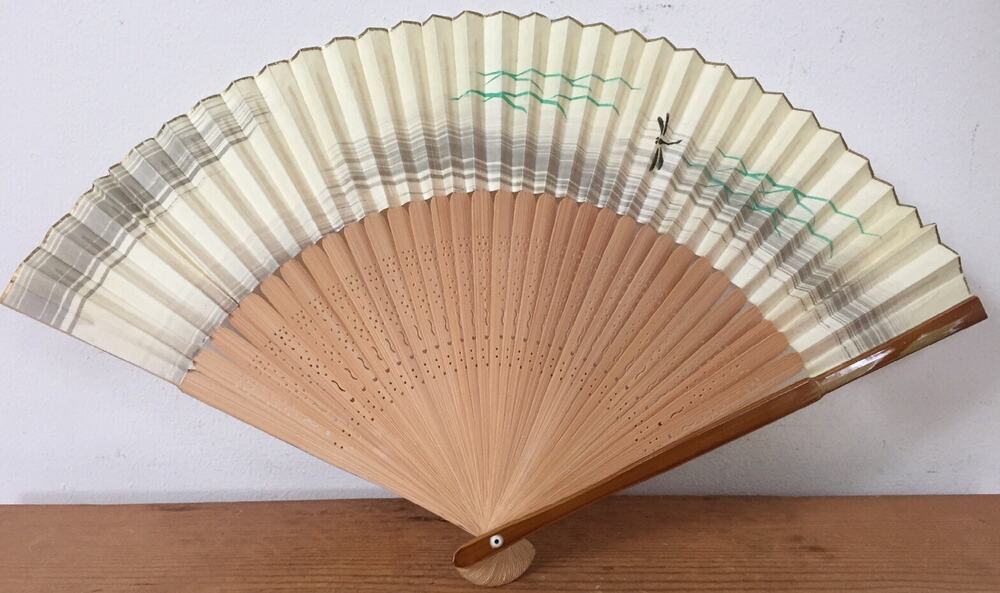 Vintage Japanese Chinese Handpainted Dragonfly Carved Wood Paper Fold Out Fan